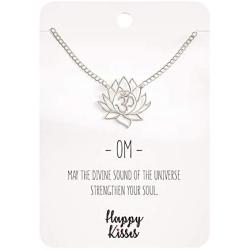 Happy Kisses Yoga Lotus Flower Necklace with OM Symbol – Cute Lotus Pendant Charm – with Empowering Message Card -Silver Plated