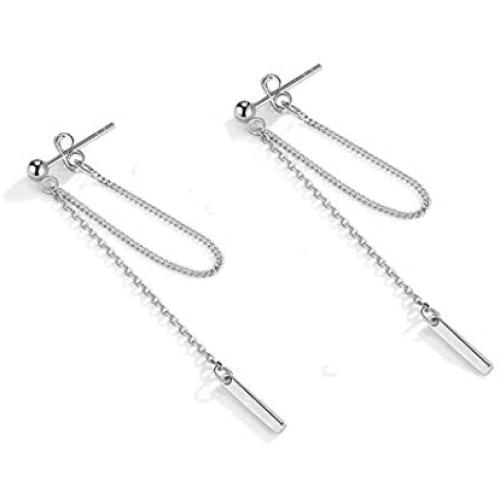 Bar Dangle Earrings With Chain for Women Minimalist 925 Sterling Silver Stud Earrings