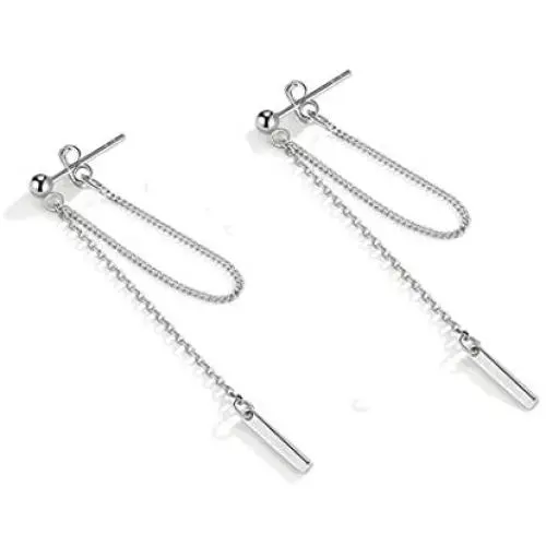 Bar Dangle Earrings With Chain for Women Minimalist 925 Sterling Silver Stud Earrings Bar Dangle Earrings With Chain for Women Minimalist 925 Sterling Silver Stud Earrings
