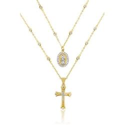 18K Yellow Gold Plated Sterling Silver CZ Cross Layered Rosary Necklace 18'' and 16'' studded with Swarovski crytals.