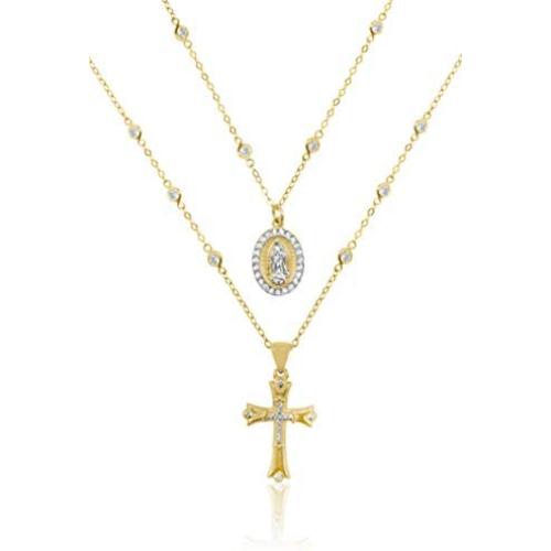 18K Yellow Gold Plated Sterling Silver CZ Cross Layered Rosary Necklace 18'' and 16'' studded with Swarovski crytals.