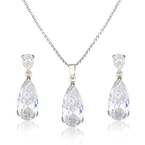 Wedding Jewelry Set for Bridesmaids - Sterling Silver Teardrop CZ Crystal Cubic Zirconia Rhinestone Diamond Bridal Necklace Earrings Set for Bride Mother of Bride Party Prom Birthstone Costume Jewelry