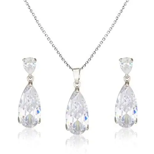 Wedding Jewelry Set for Bridesmaids - Sterling Silver Teardrop CZ Crystal Cubic Zirconia Rhinestone Diamond Bridal Necklace Earrings Set for Bride Mother of Bride Party Prom Birthstone Costume Jewelry Wedding Jewelry Set for Bridesmaids - Sterling Silver Teardrop CZ Crystal Cubic Zirconia Rhinestone Diamond Bridal Necklace Earrings Set for Bride Mother of Bride Party Prom Birthstone Costume Jewelry