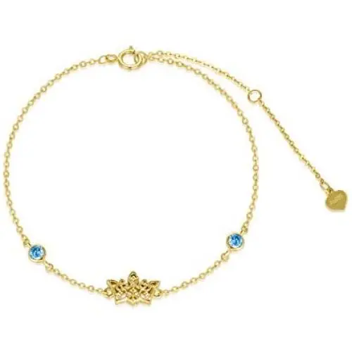Rikelus 14K Real Yellow Gold Crown Bracelet with Sea Blue 5A Cubic Zircon,Romantic Jewelry for Women Girls Gift for Christmas Birthday,Chain Length 7 + 2 Extension