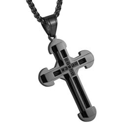 HZMAN Mens Stainless Steel Cross Necklace Cubic Zirconia Inlay Cable Pendant 22 + 2 Inch Chain