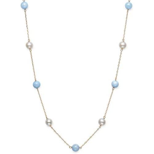 10K Yellow Gold Freshwater Pearl & Natural Aquamarine Station Necklace, 18''