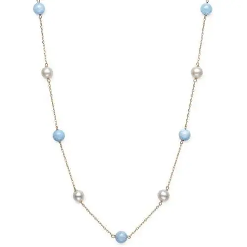 10K Yellow Gold Freshwater Pearl & Natural Aquamarine Station Necklace, 18'' 10K Yellow Gold Freshwater Pearl & Natural Aquamarine Station Necklace, 18''