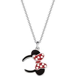 Disney Minnie Mouse Silver Plated Necklace, Minnie Ears and Red Polka Dot Bow Ribbon Pendant, 18”, Lobster Claw Closure, Official License