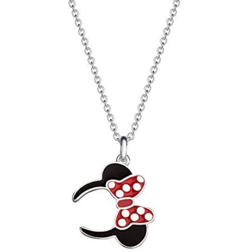 Disney Minnie Mouse Silver Plated Necklace, Minnie Ears and Red Polka Dot Bow Ribbon Pendant, 18”, Lobster Claw Closure, Official License