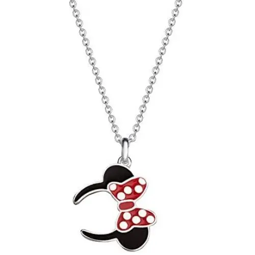 Disney Minnie Mouse Silver Plated Necklace, Minnie Ears and Red Polka Dot Bow Ribbon Pendant, 18”, Lobster Claw Closure, Official License Disney Minnie Mouse Silver Plated Necklace, Minnie Ears and Red Polka Dot Bow Ribbon Pendant, 18”, Lobster Claw Closure, Official License
