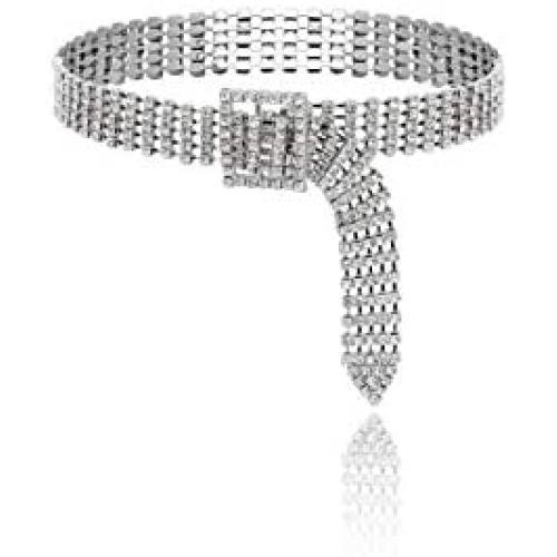 Salircon Sparkle Rhinestones Crystal Collar Choker Necklace for Women Girl Belt Shape Band Party Club Festival Jewelry