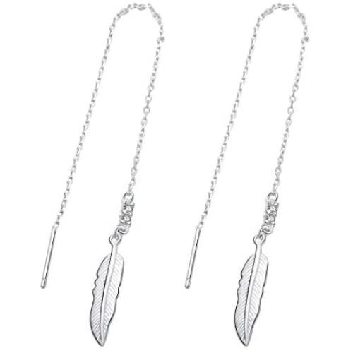 SA SILVERAGE Sterling Silver Feather Threader Drop Dangle Earrings