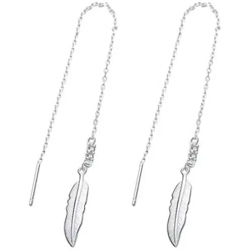 SA SILVERAGE Sterling Silver Feather Threader Drop Dangle Earrings