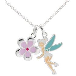 Disney Tinkerbell Jewelry for Women, Silver-Plated and Enamel Necklace, 18” Chain
