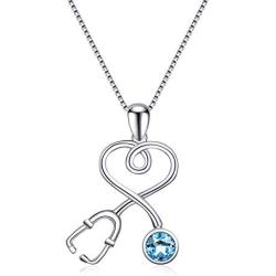 AOBOCO Sterling Silver Stethoscope Necklace Embellished with Crystals from Austria/Simulated Opal Birthstone, Medical Jewelry for Doctor Nurse Medical Student RN Nurse Gifts for Women