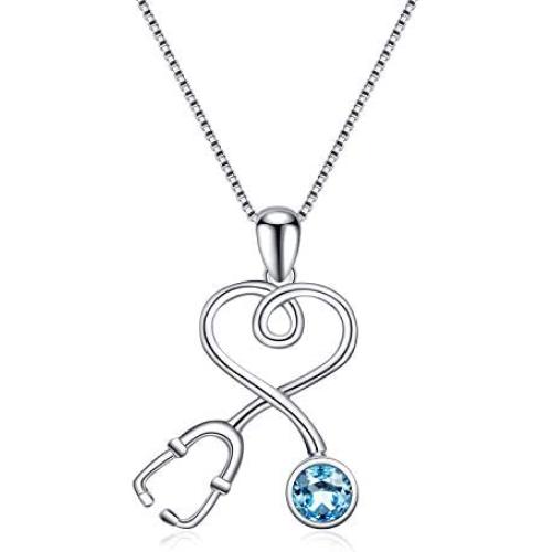 AOBOCO Sterling Silver Stethoscope Necklace Embellished with Crystals from Austria/Simulated Opal Birthstone, Medical Jewelry for Doctor Nurse Medical Student RN Nurse Gifts for Women