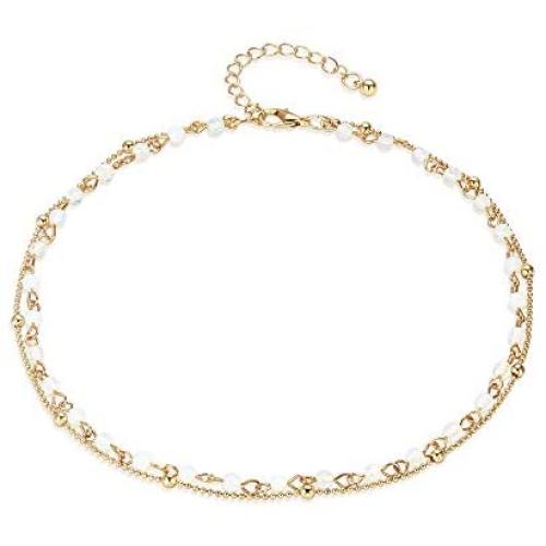 Fettero Dainty Layered Gold Chocker Handmade Beads 14K Gold Fill Heart White Opal Necklace