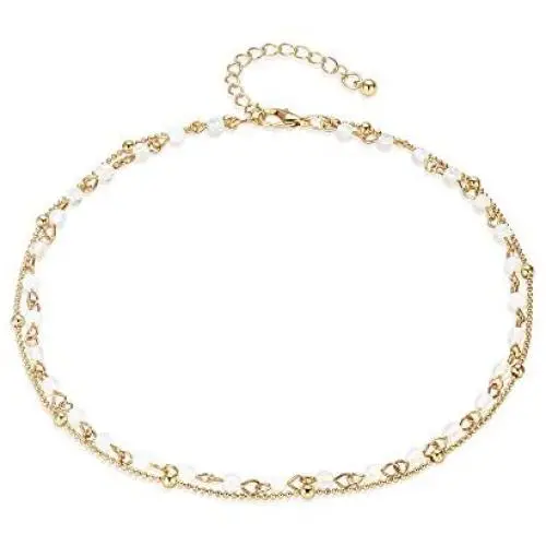 Fettero Dainty Layered Gold Chocker Handmade Beads 14K Gold Fill Heart White Opal Necklace Fettero Dainty Layered Gold Chocker Handmade Beads 14K Gold Fill Heart White Opal Necklace