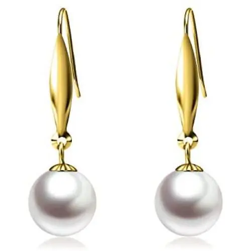 18k Gold Earrings for Women, Cultured Freshwater Pearl Dangle Fine Jewelry Earring, 8 mm