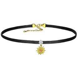 KUTOLAKI Dainty Sunflower Choker Necklace for Women, Vintage Black Weave Chocker Necklace With Golden Sunflower Pendant For Girls