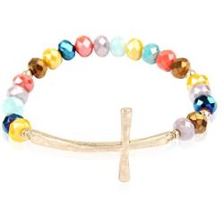 RIAH FASHION Religious Cross Bead Stacking Beaded Stretch Statement Bracelets - Inspirational Message Sparkly Crystal, Wood Bible Christian Prayer Bangle Set