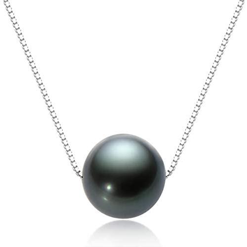 Tahitian Black Pearl Necklace Genuine Floating Pearl Necklace Single Pearl Pendant with Silver Chain Jewelry Gifts for Women Girls Valentines Day Mothers Day - 9-10mm/10-11mm