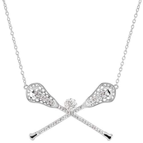 Crystaluxe Lacrosse Sticks Necklace with Swarovski Crystals in Sterling Silver, 16'' + 2'' Extender