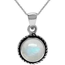 Silvershake Round Stone or Shell 925 Sterling Silver Rope Solitaire Cabochon or Inlay Style Pendant Necklace Jewelry for Women