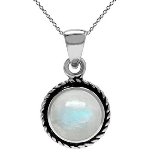 Silvershake Round Stone or Shell 925 Sterling Silver Rope Solitaire Cabochon or Inlay Style Pendant Necklace Jewelry for Women