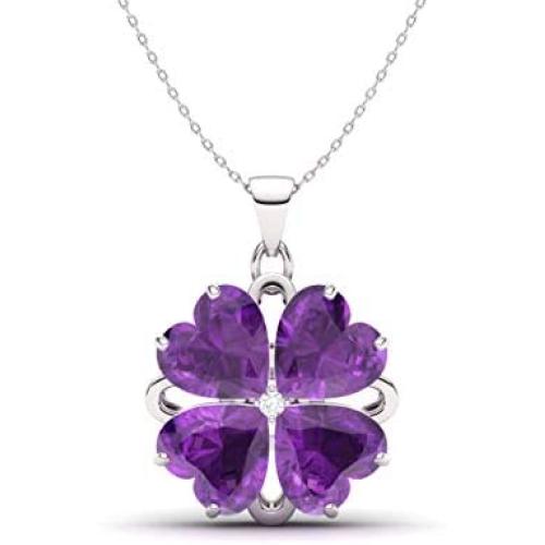 Diamondere Natural and Certified Heart Cut Gemstone and Diamond Flower Necklace in Sterling Silver | 1.65 Carat Pendant with Chain