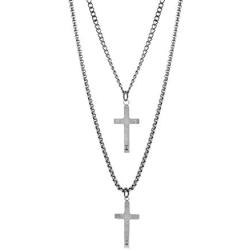 Steve Madden 28'' Oxidized Stainless Steel Box and Curb Chain Cross Pendant Duo Necklace Set For Men