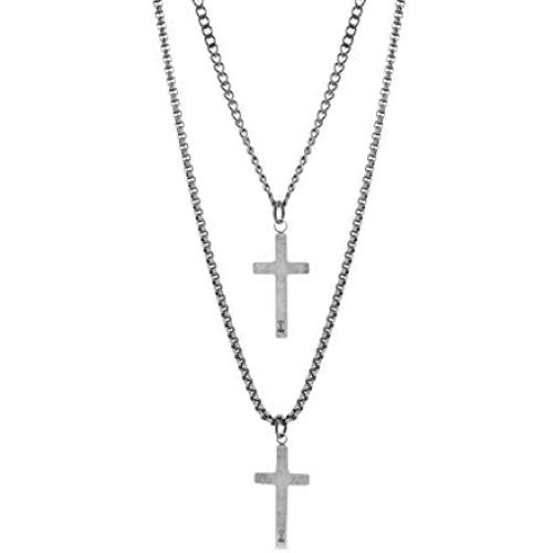 Steve Madden 28'' Oxidized Stainless Steel Box and Curb Chain Cross Pendant Duo Necklace Set For Men