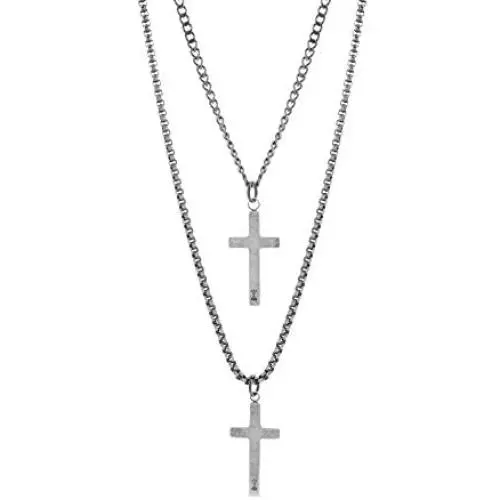 Steve Madden 28'' Oxidized Stainless Steel Box and Curb Chain Cross Pendant Duo Necklace Set For Men Steve Madden 28'' Oxidized Stainless Steel Box and Curb Chain Cross Pendant Duo Necklace Set For Men