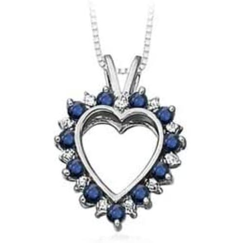 September Birthstone - Blue Sapphire and Diamond Heart Pendant Necklace in 10K White Gold (2mm Blue Sapphire)