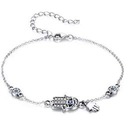 SLUYNZ 925 Sterling Silver Fatima Hamsa Hand Evil Eye Bracelet for Women Teen Girls Blue Round Eyes Bracelet