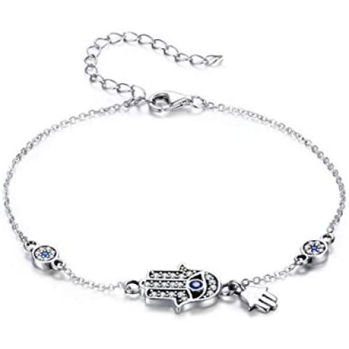 SLUYNZ 925 Sterling Silver Fatima Hamsa Hand Evil Eye Bracelet for Women Teen Girls Blue Round Eyes Bracelet
