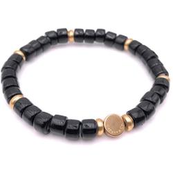 Mens Glass & Brass Stretch Bead Bracelet - Black