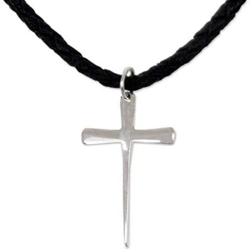 NOVICA Sterling Silver Mens Cross Pendant Necklace with 20'' Braided Leather Cord, Holy Sacrifice
