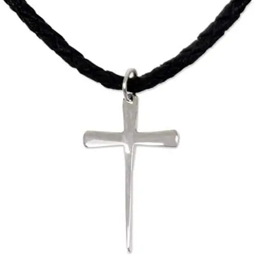 NOVICA Sterling Silver Mens Cross Pendant Necklace with 20'' Braided Leather Cord, Holy Sacrifice NOVICA Sterling Silver Mens Cross Pendant Necklace with 20'' Braided Leather Cord, Holy Sacrifice