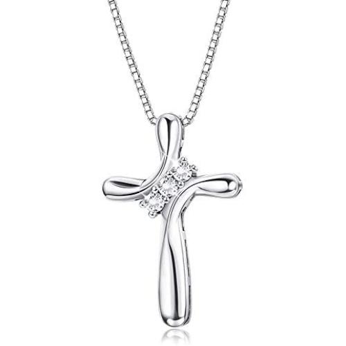 FUNRUN JEWELRY 925 Sterling Silver Cross Pendant Necklace for Women 3-Stone Cubic Zirconia Pendant with 1MM Box Chain, 17.7