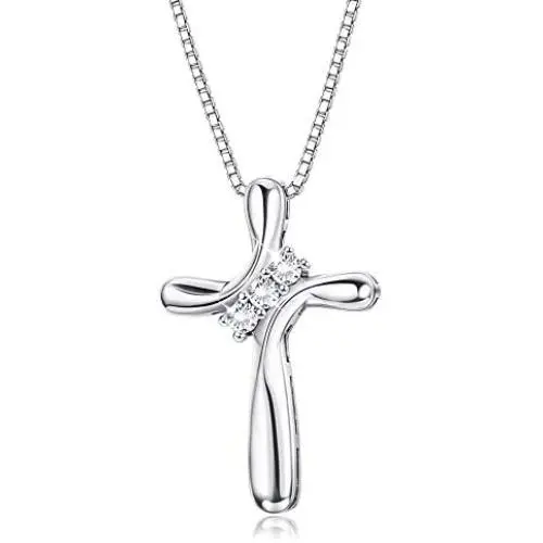 FUNRUN JEWELRY 925 Sterling Silver Cross Pendant Necklace for Women 3-Stone Cubic Zirconia Pendant with 1MM Box Chain, 17.7 FUNRUN JEWELRY 925 Sterling Silver Cross Pendant Necklace for Women 3-Stone Cubic Zirconia Pendant with 1MM Box Chain, 17.7