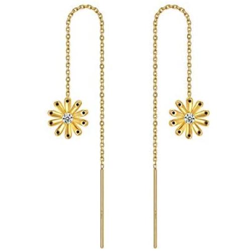 925 Sterling Silver Gold Plated Sunflower Daisy Threader Earrings Stud Drop Dangle You are My Sunshine Jewelry Gifts for Women Mom