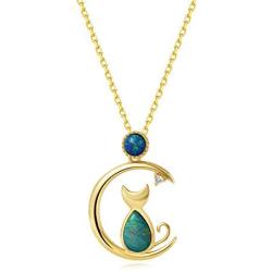 Agvana 18K Solid Yellow Gold Diamond Real Genuine Natural Fire Opal Cat and Moon Dainty Pendant Necklace Elegant Fine Jewelry Anniversary Birthday Christmas Gifts for Women Mom Grandma Wife, 16+2