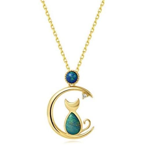 Agvana 18K Solid Yellow Gold Diamond Real Genuine Natural Fire Opal Cat and Moon Dainty Pendant Necklace Elegant Fine Jewelry Anniversary Birthday Christmas Gifts for Women Mom Grandma Wife, 16+2