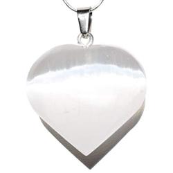 Zenergy Gems Charged Natural Himalayan Gemstone Crystal Puffy Heart Pendant Necklace + 20'' Silver Chain + Selenite Charging Heart [Included]