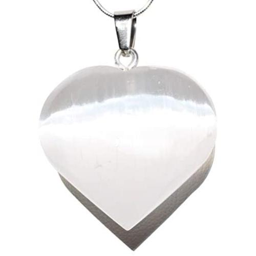 Zenergy Gems Charged Natural Himalayan Gemstone Crystal Puffy Heart Pendant Necklace + 20'' Silver Chain + Selenite Charging Heart [Included]