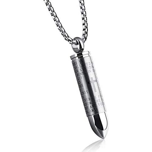 Cross Bullet Pendant Stainless Steel Necklace for Men Lords Prayer Necklace Lords Bible Cross Prayer Cremation Ashes Urn Necklace