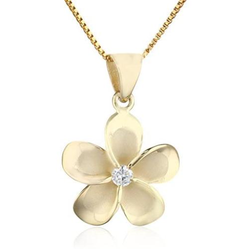 Honolulu Jewelry Company 14k Yellow Gold Plated Sterling Silver CZ Plumeria Pendant Necklace with 18'' Box Chain