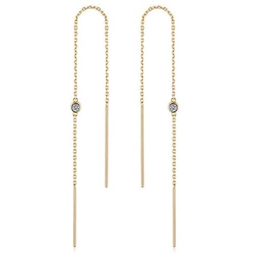 FANCIME 14K Real Solid Yellow Gold Threader Earrings with 2 Natural Round Cut Diamonds 0.03ct Minimalism Long Drop Earrings Fine Jewelry for Women 1.17g