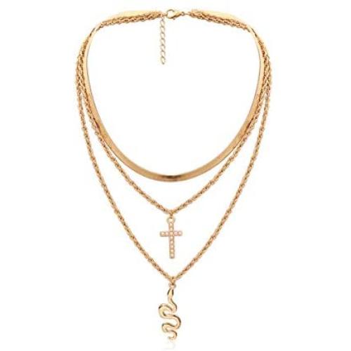 Dainty Multilayer Chain Necklace Gold Plated Lucky Evil Eye Pearl Cross Moon Star Lightning Link Necklace Jewelry for Women